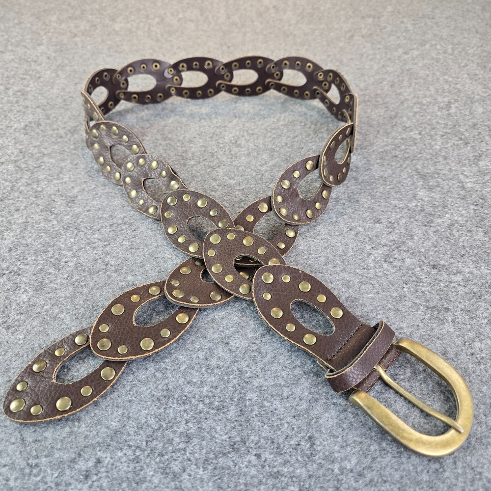 Women's Belt Medium Brown Studded Adjustable Belt with Gold Tone Pin Buckle